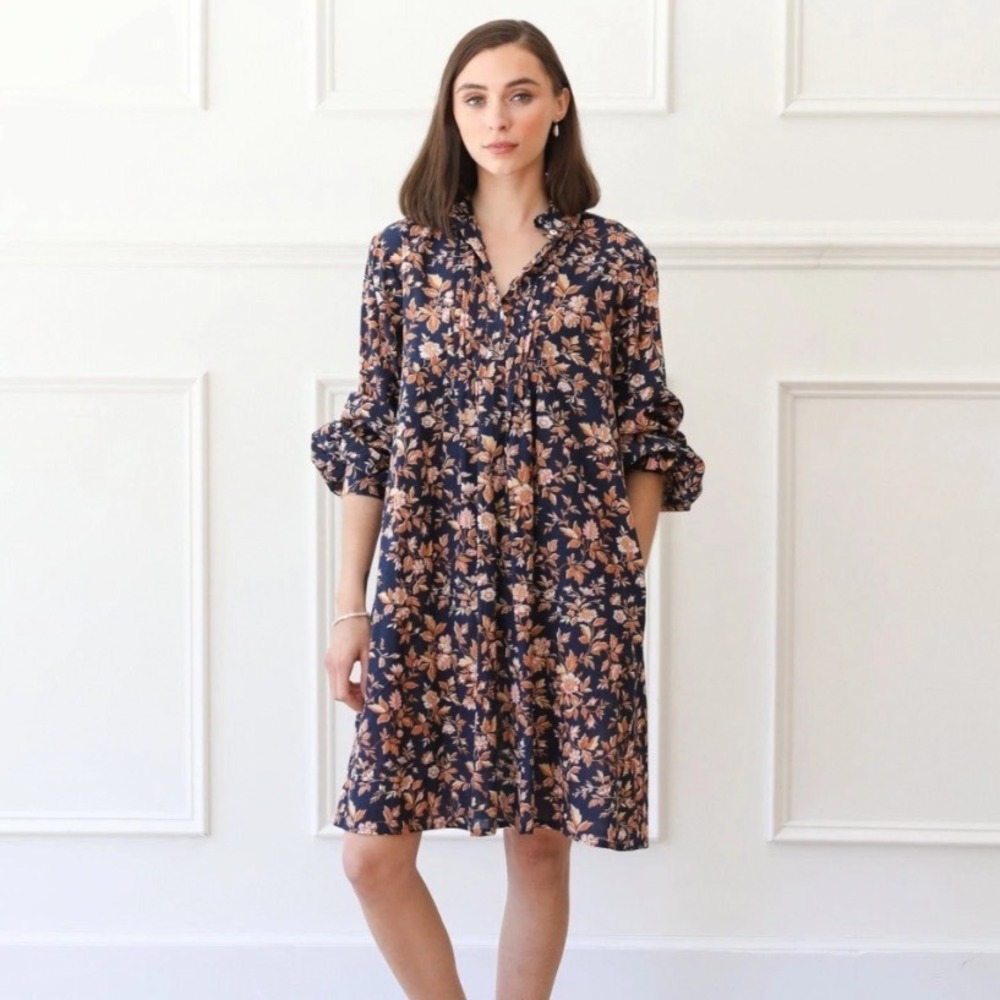 Mille Resort & Travel Navy Floral Long Sleeve Shirt Dress Large